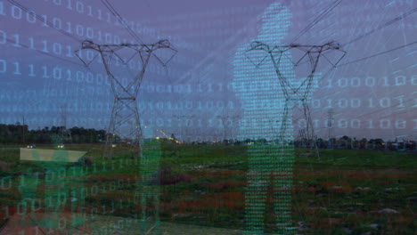 Animation of binary coding over landscape with electricity pylons