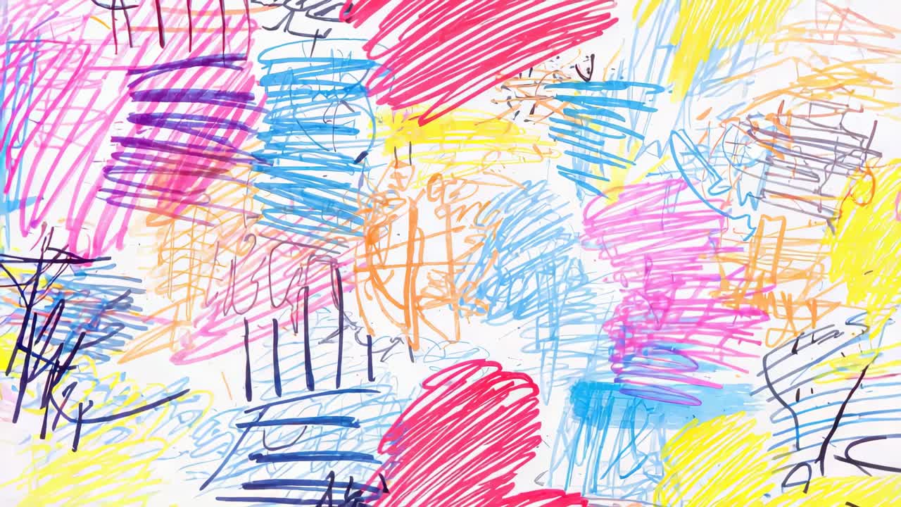 Displaying abstract colorful scribble pattern covering canvas, featuring overlay of marker strokes