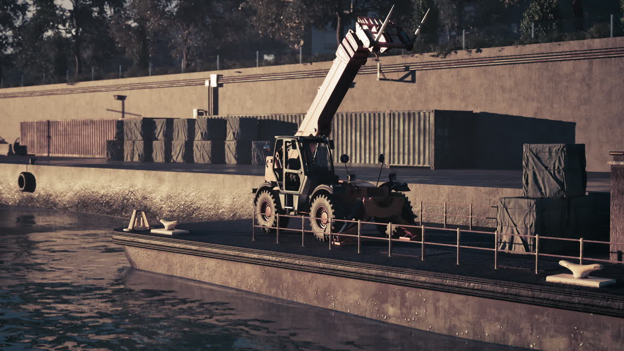 태양광 시간 동안 강 항구에서 화물을 내리는 무거운 기계