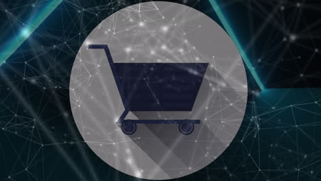 animación del código qr y el icono del carrito de compras a través de la red de conexiones y luces azules