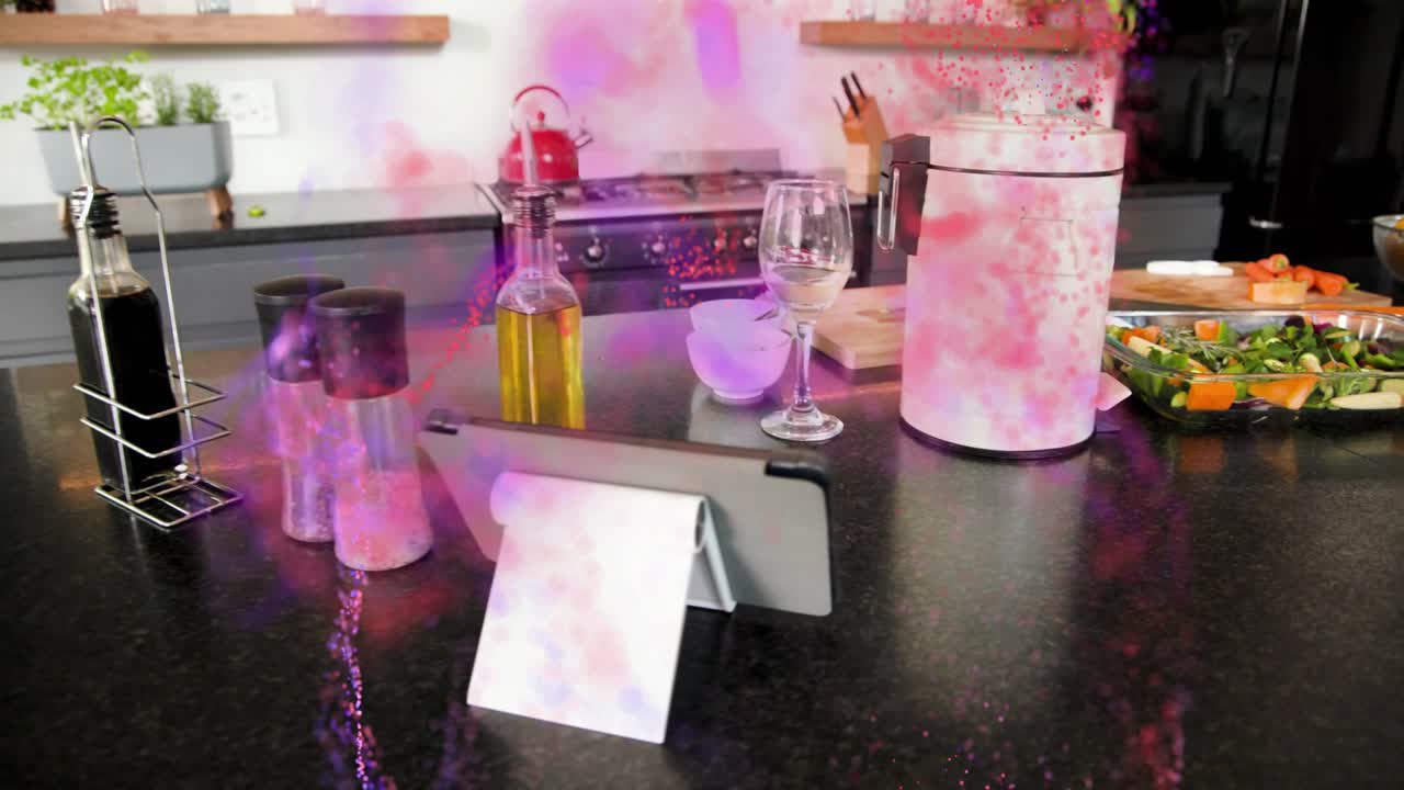 Purple particle swirl appearing near counter, wrapping glass dish with veggies and framing prep