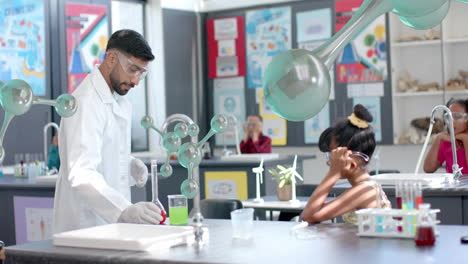 scientist conducting experiment over animation of molecular structures in classroom