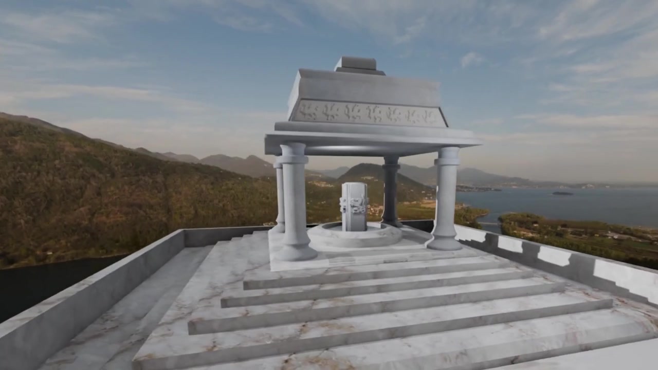 Un'illustrazione 3D altamente dettagliata e realistica di un antico tempio in stile minoico situato maestosamente su una pittoresca collina. La struttura presenta intricati motivi ornamentali in altorilievo che decorano il