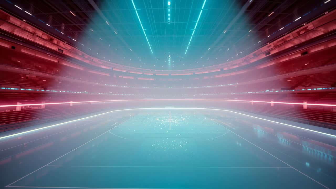 Activating overhead grid, futuristic arena illuminating center circle at stadium with particles
