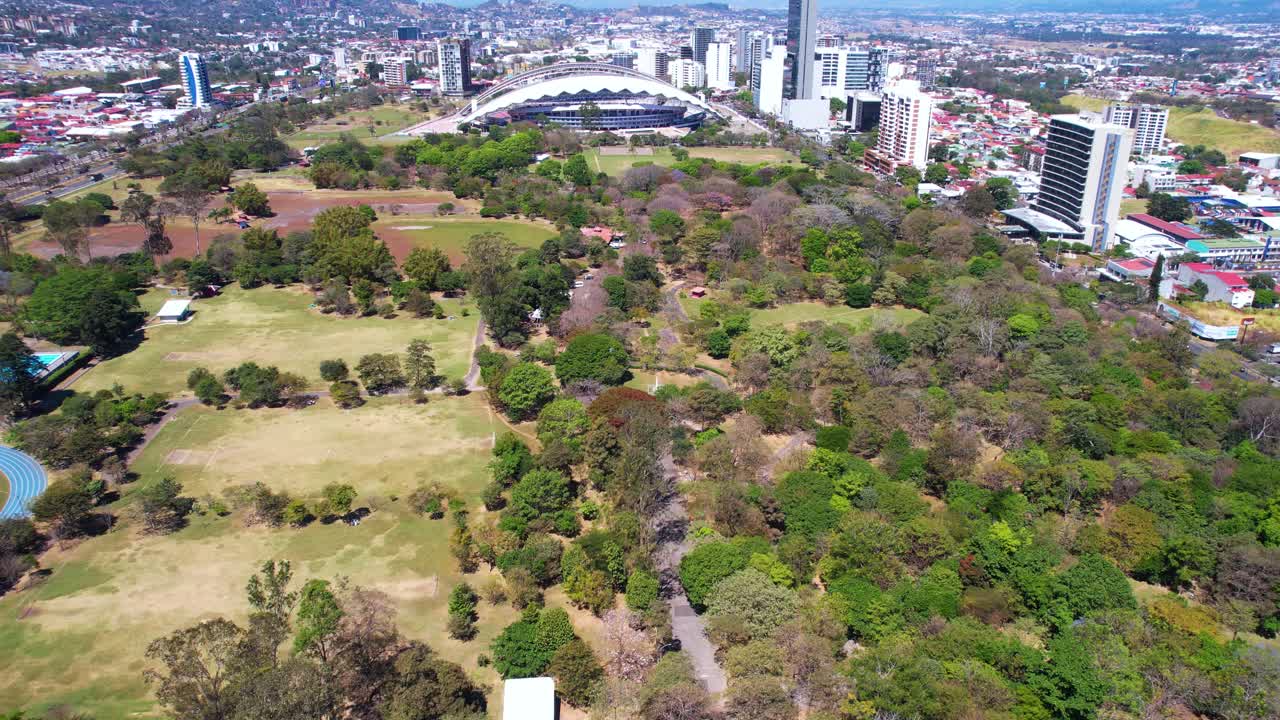 Aerial View of La Sabana Metropolitan Park and National Football Stadium of Costa Rica in San Jose, Drone Shot