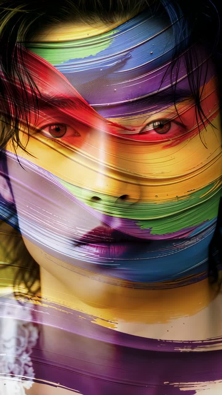 Vertical video: Starting brushstroke sliding down Asian woman face in studio, digital art