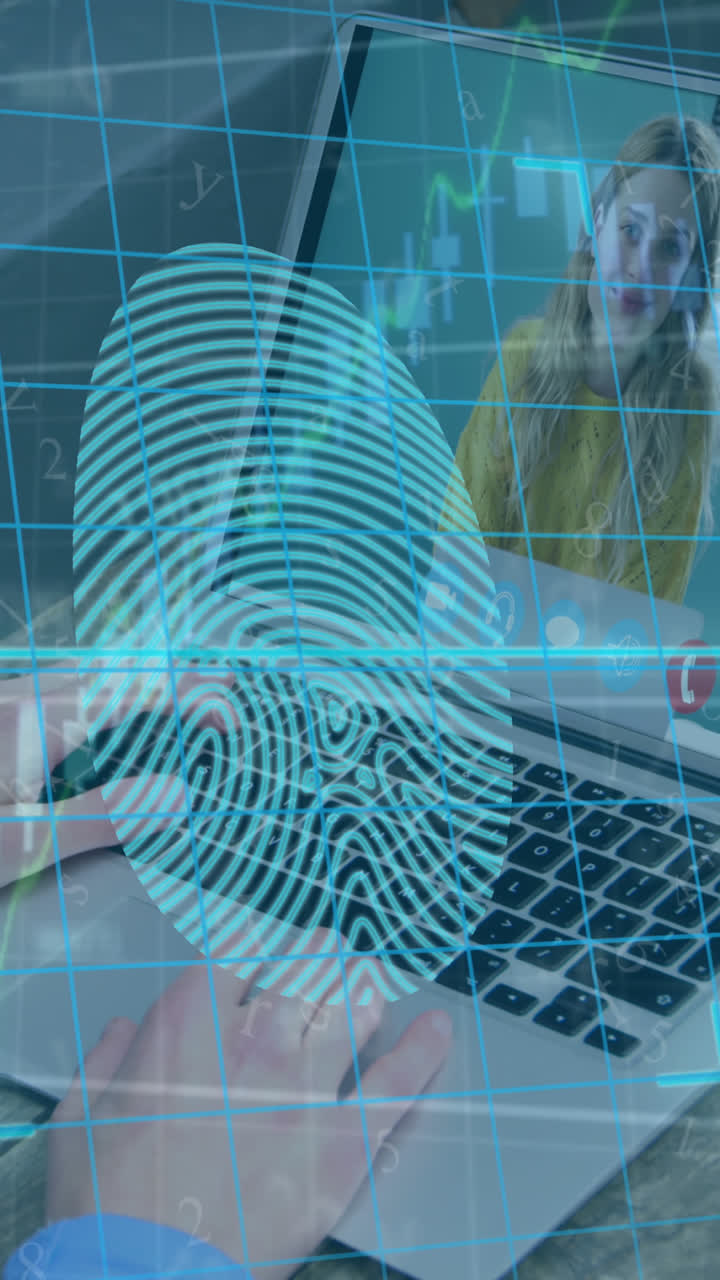 Animation of data processing and security fingerprint over woman using laptop