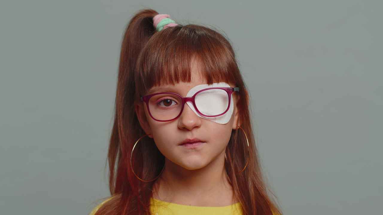Sick ill preteen girl looking at camera having protective bandage plaster patch scratch on one eye
