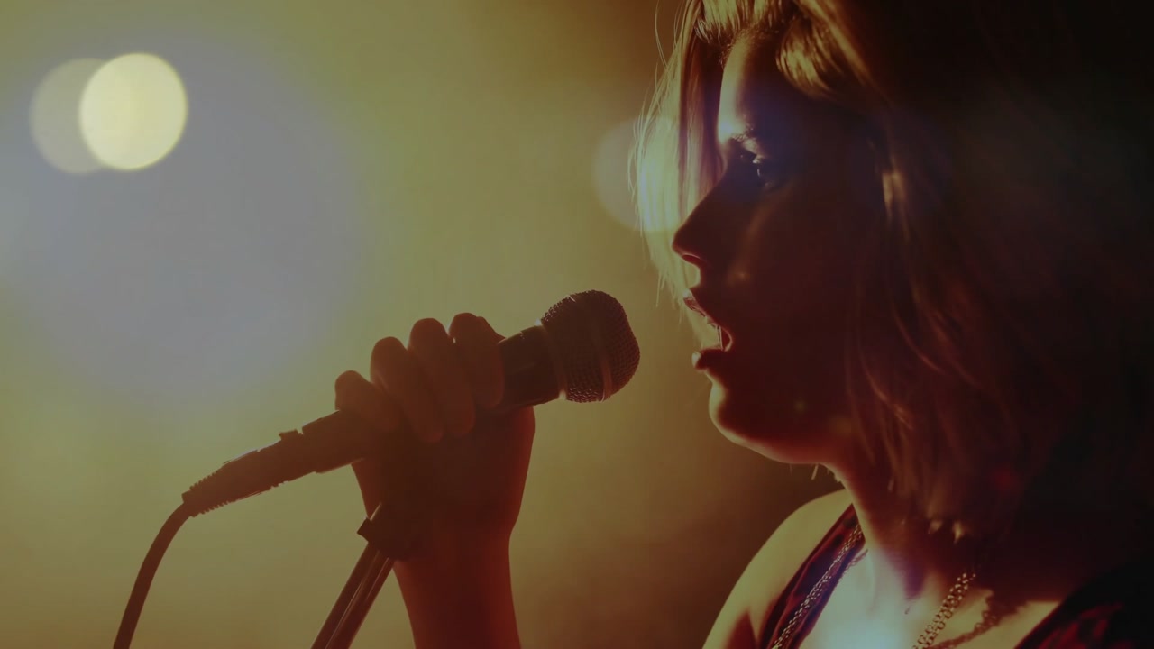 Teenage singer grasping mic stand performing music with light flares swirling around her
