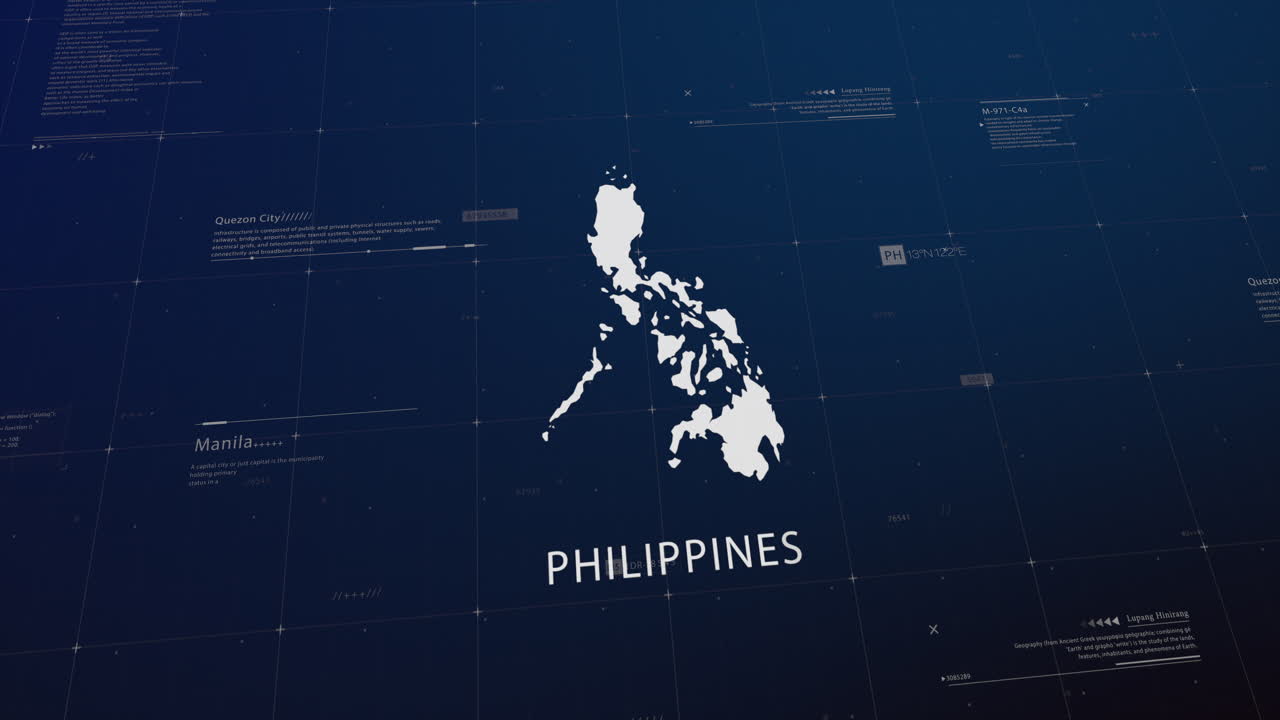 Philippines country map comes to life with cinematic panning, unveiling key details, the capital, and slogan, providing an engaging background for corporate and commercial use