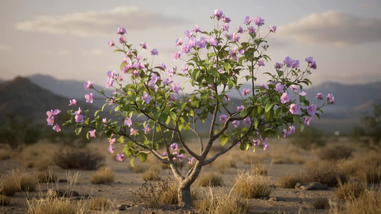 Arbusto ondeante de tronco retorcido mostrando flores rosas y hojas brillantes en una llanura, moviéndose con una suave brisa.