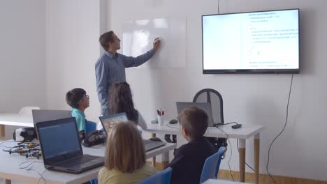 computer science teacher writing on whiteboard