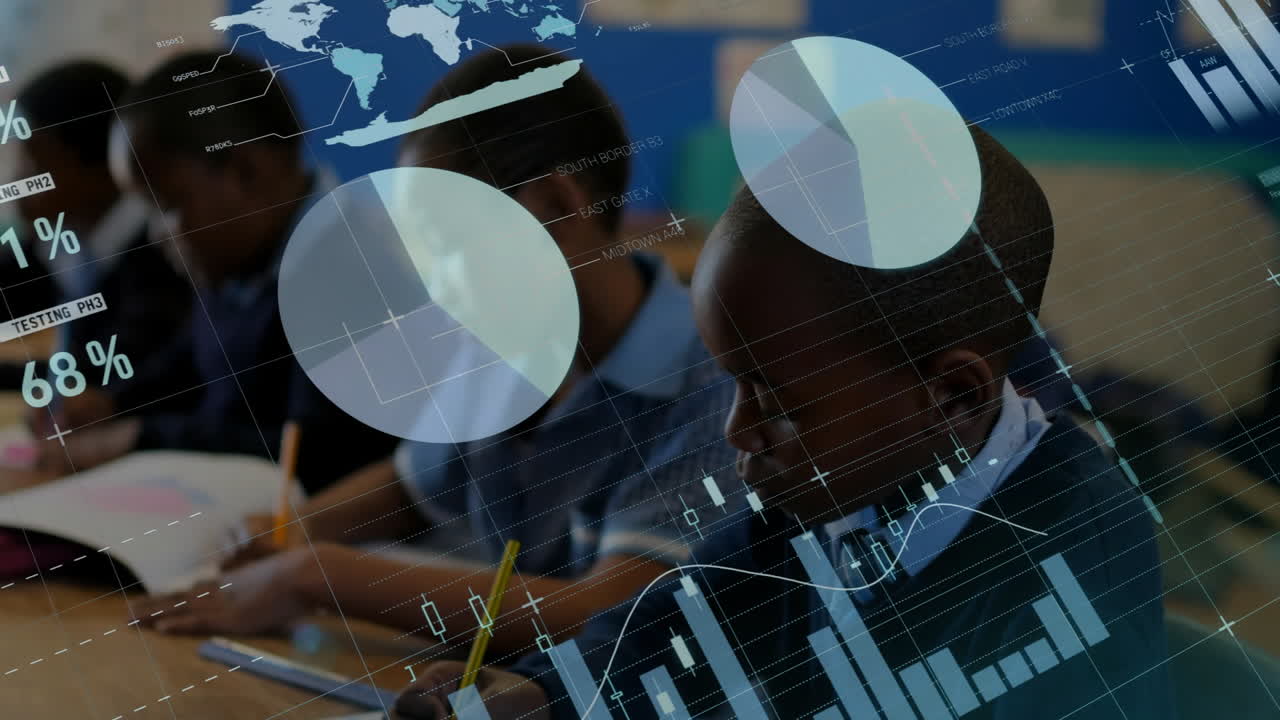 Animation of financial data processing over african american schoolchildren