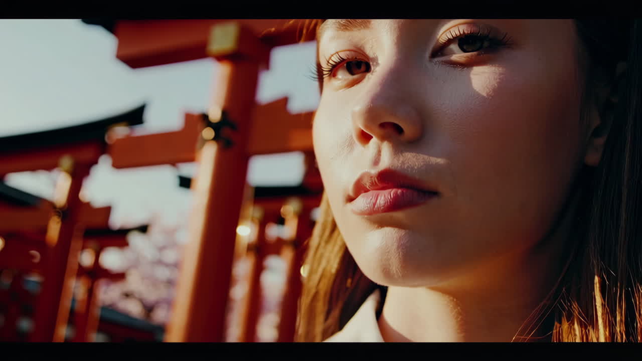 Woman in a White Dress at a Japanese Shrine during Cherry Blossom Season