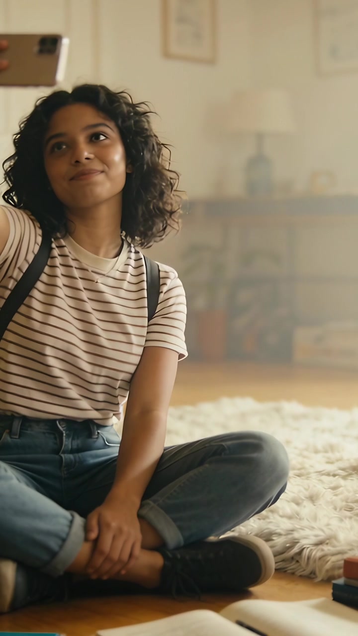 Vertikal video: Smilende ved en notifikation, studerende tager selfie for at vise humør derhjemme med telefon, stribet T-shirt.