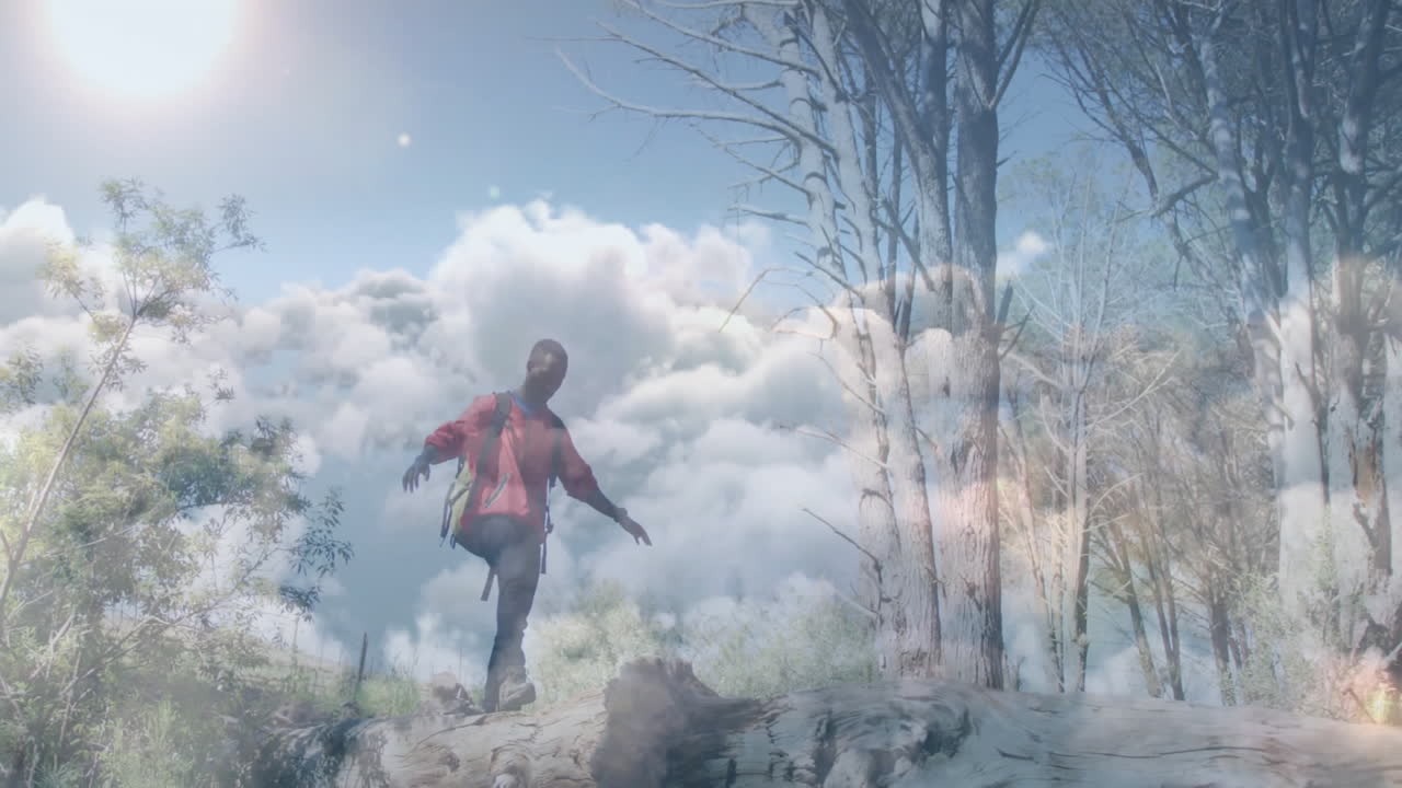 hiker balancing on fallen tree trunk in health tutorial, floating heart icons and chart overlays