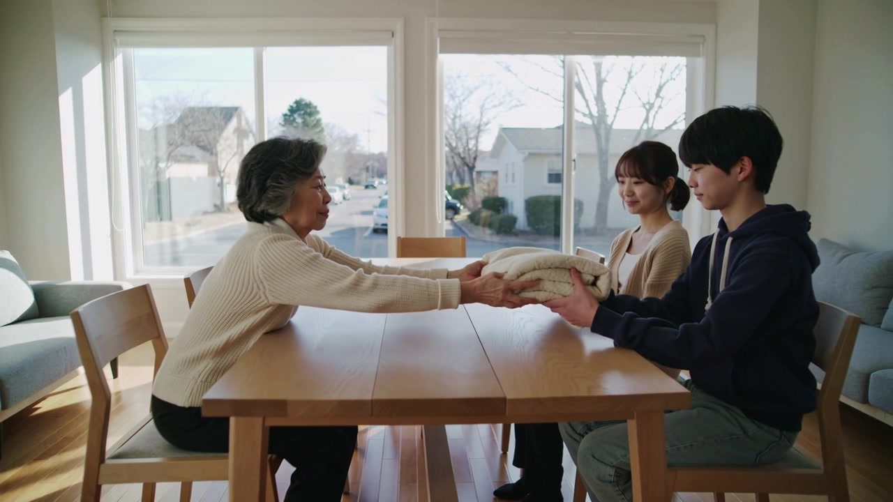 Placing senior in sweater pushing blanket across table toward man in hoodie to warm legs