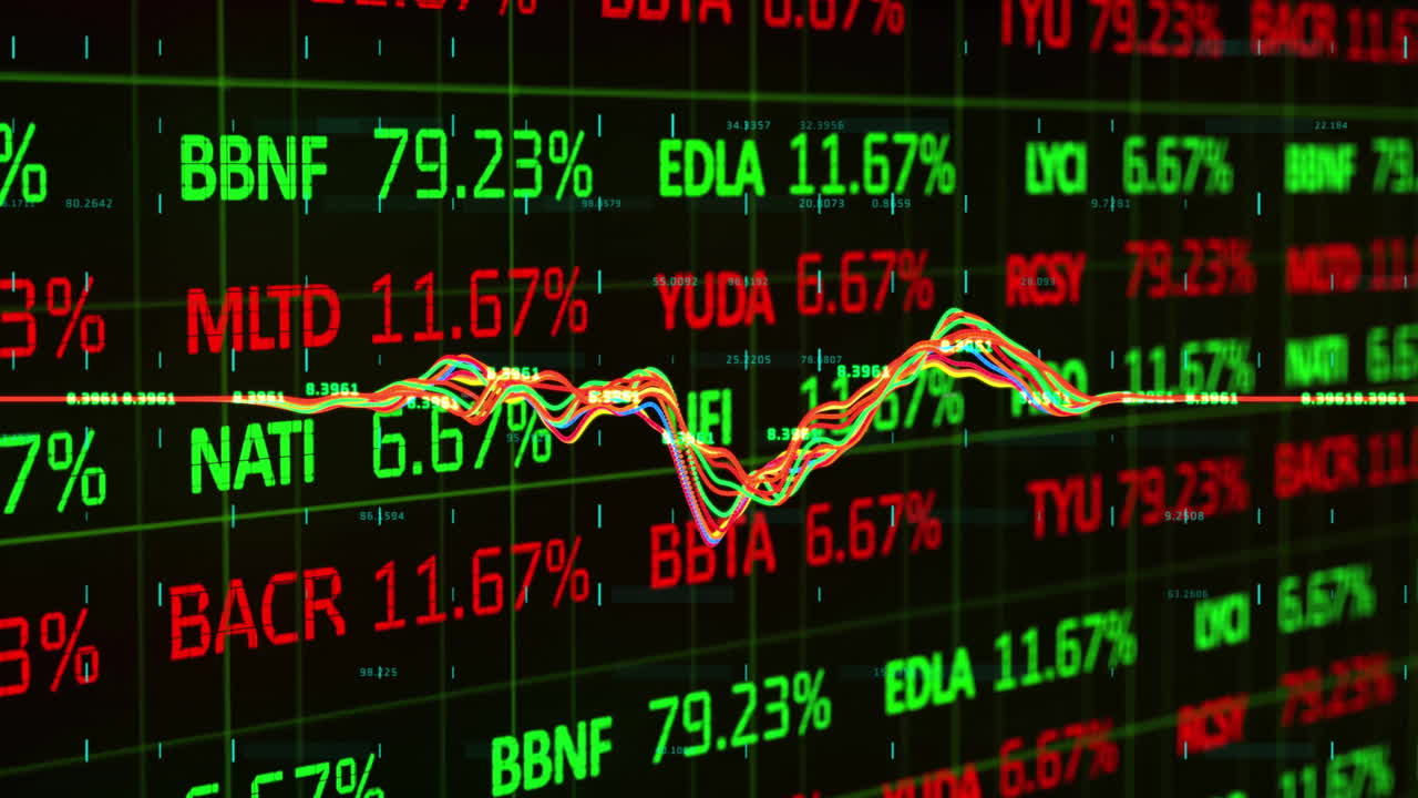 Animazione di elaborazione di statistiche e dati finanziari su sfondo nero