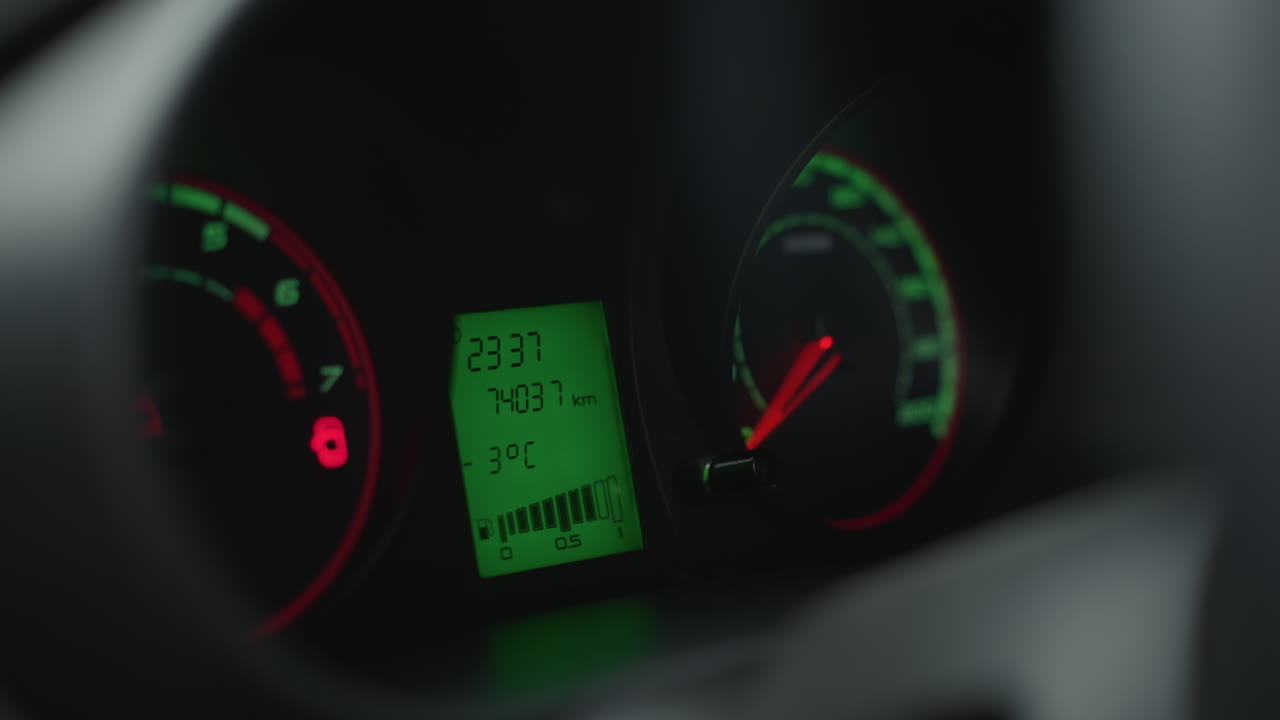 Close up view of instrument cluster showing speedometer, tachometer and digital display lit in red and white, odometer reading and warning light icons visible through steering wheel blur