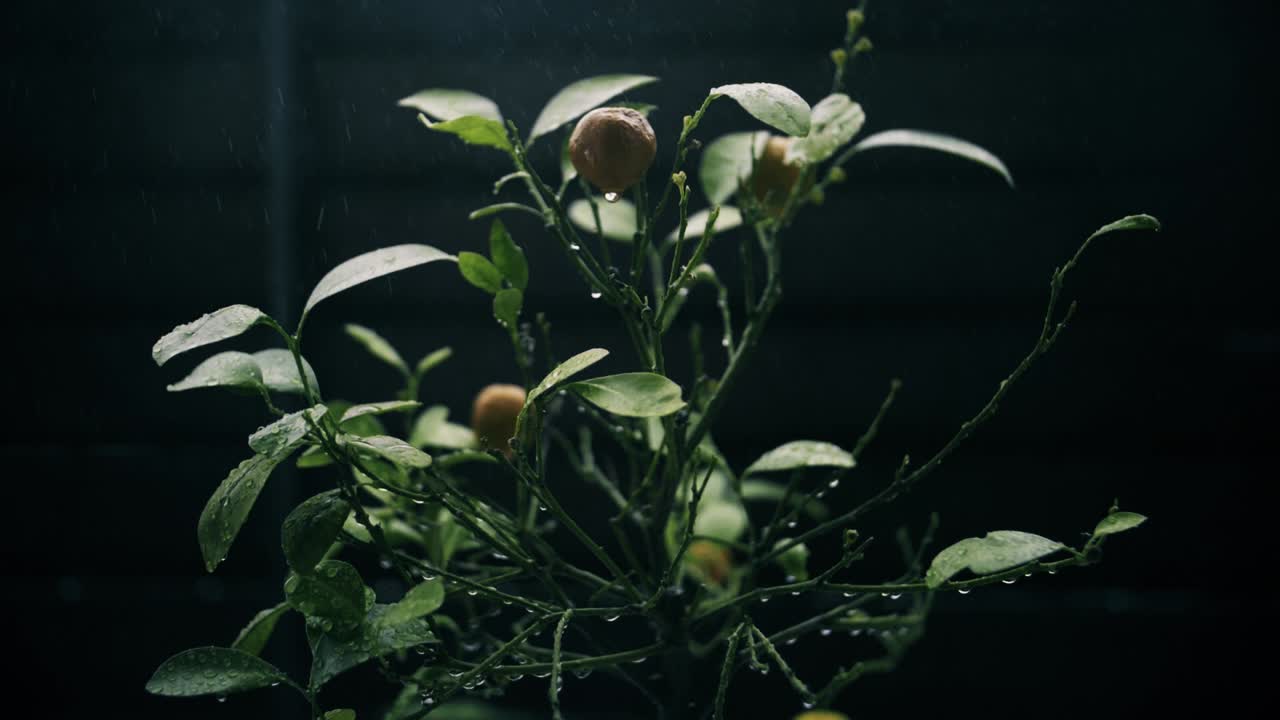 Rain Drops on bright illuminated tropical Orange Tree in Slow Motion and dark background