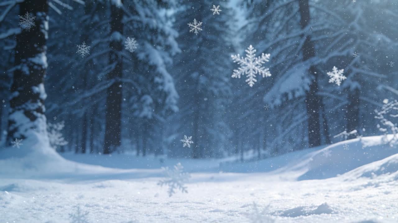 Camera pulling back over snow trail while snowflakes drifting, showing winter for marketers