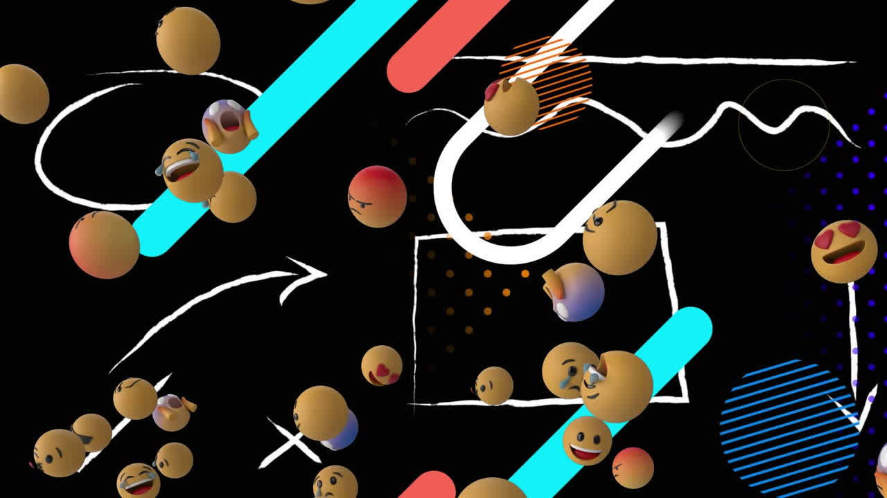 검은색 배경에 추상적인 다채로운 모양과 함께 떠다니는 얼굴 이모티콘의 디지털 애니메이션