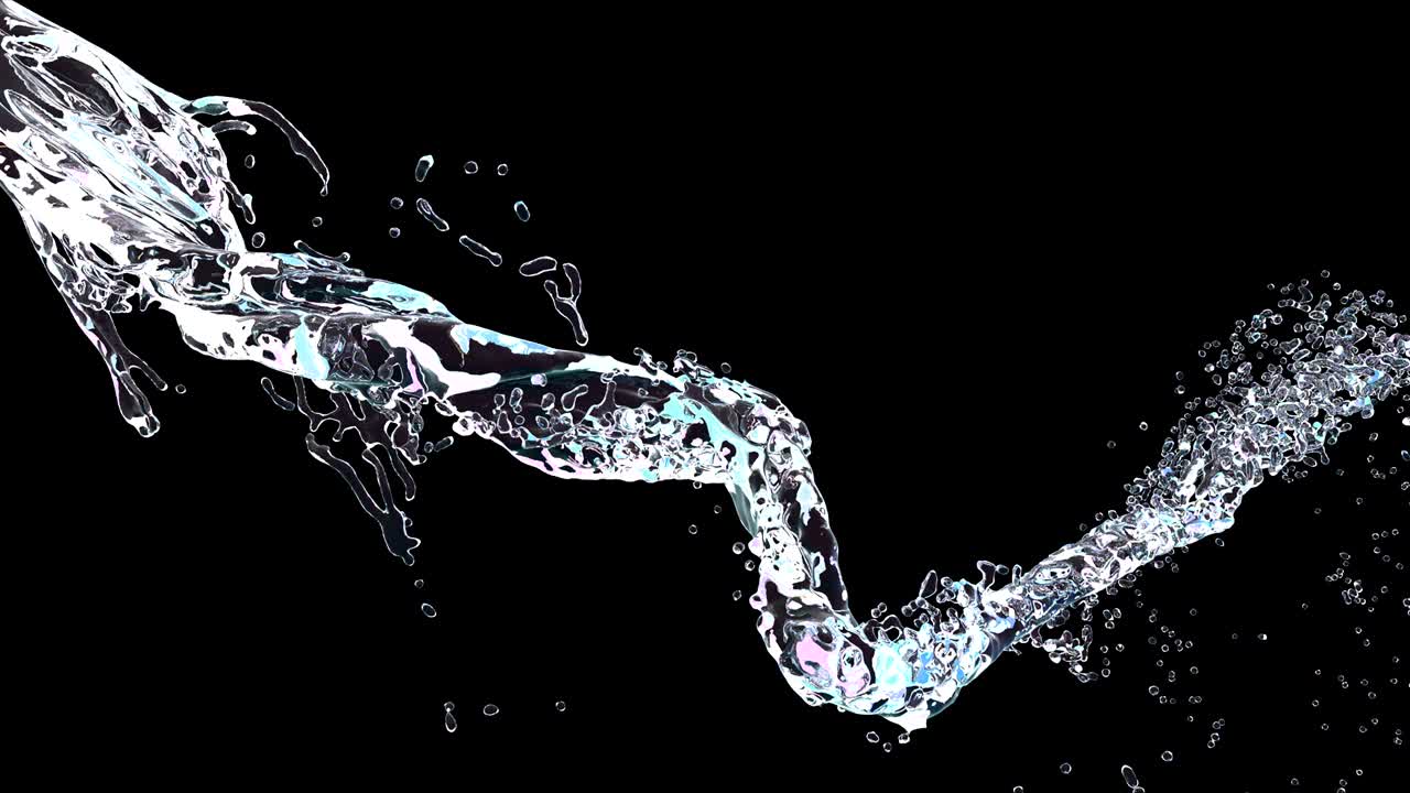 투명한 액체 소용돌이 3d 현실적인 영상. 검은 바탕에 고립 된 회전 스플래시. 물방울 회전 효과 애니메이션. 액체 소류 동적 비디오. 은 물 는 소용돌이는.
