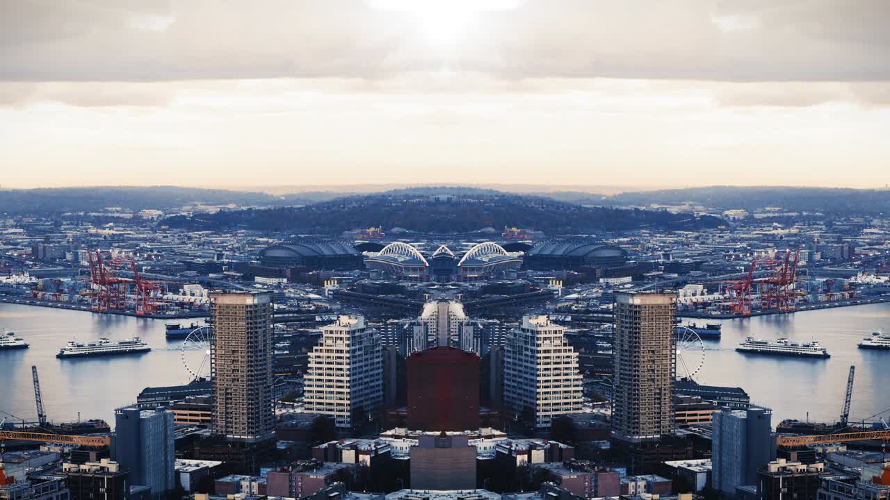 거울 효과 모션 그래픽으로 추상적인 도시 배경