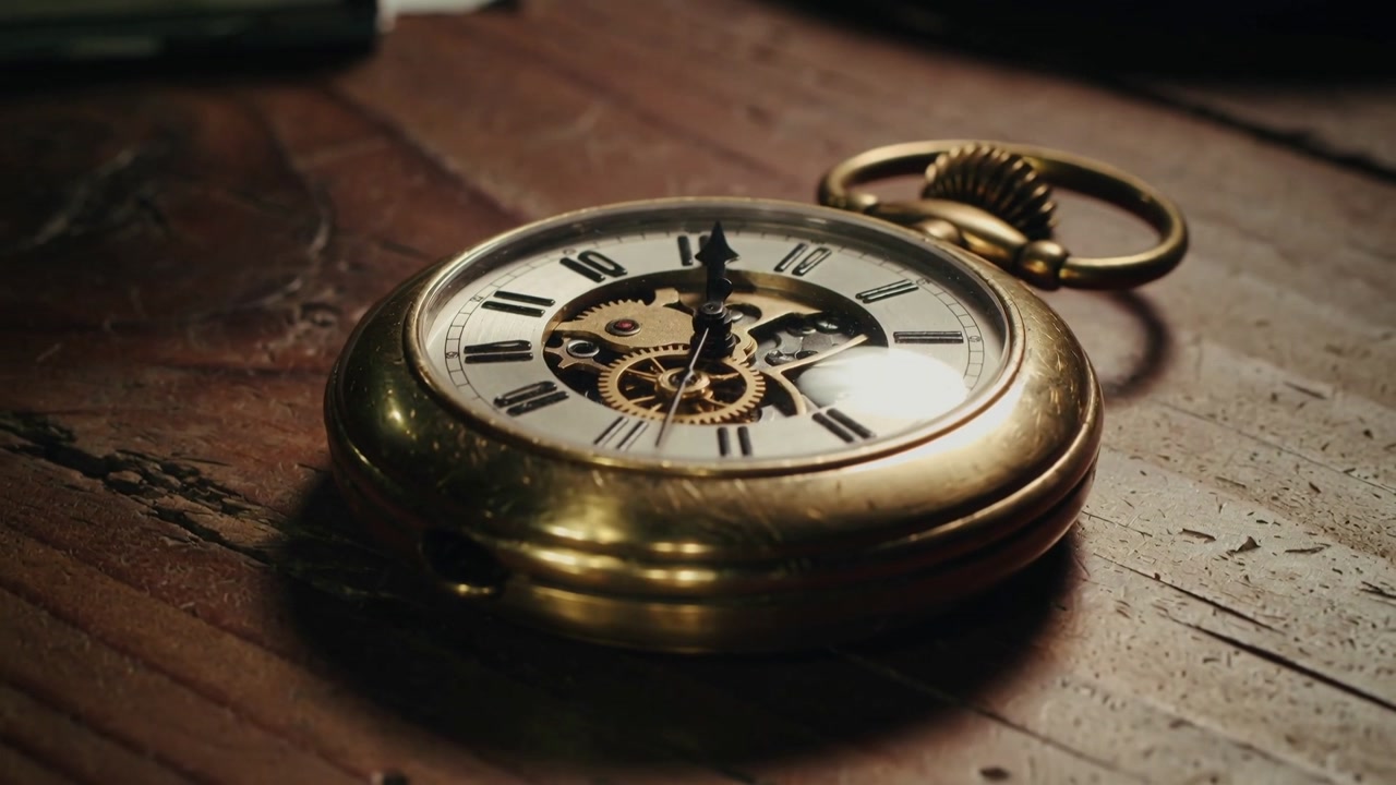 Shifting camera revealing brass pocket watch ticking on worn table, showing winding crown and gears