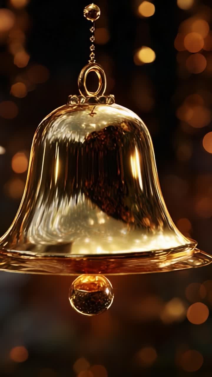 Gullbjelle fanget i fantastisk detalj mot en bakgrunn av skimrende lys, som viser refleksjoner og intrikat design, perfekt for å feire festlige øyeblikk og spesielle anledninger