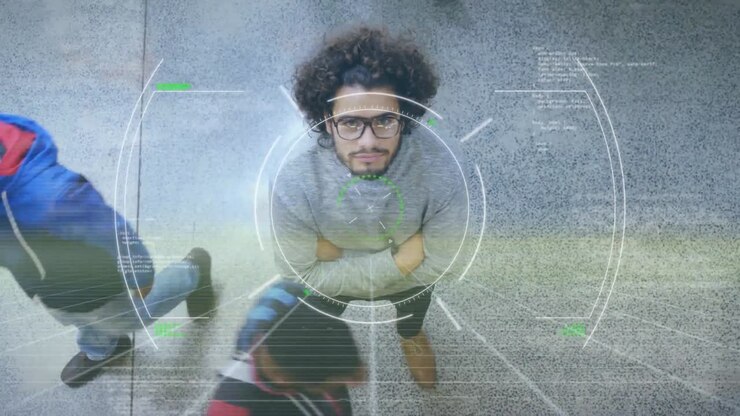Animation of data processing over diverse business people in office