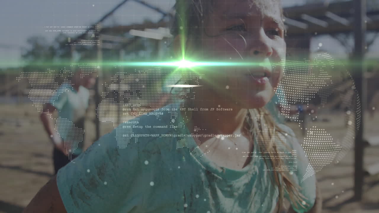Participating in muddy obstacle course, child with digital animation overlay outdoors