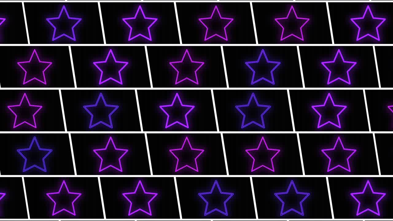 patrón de estrellas de neón púrpura pulsante en filas 7