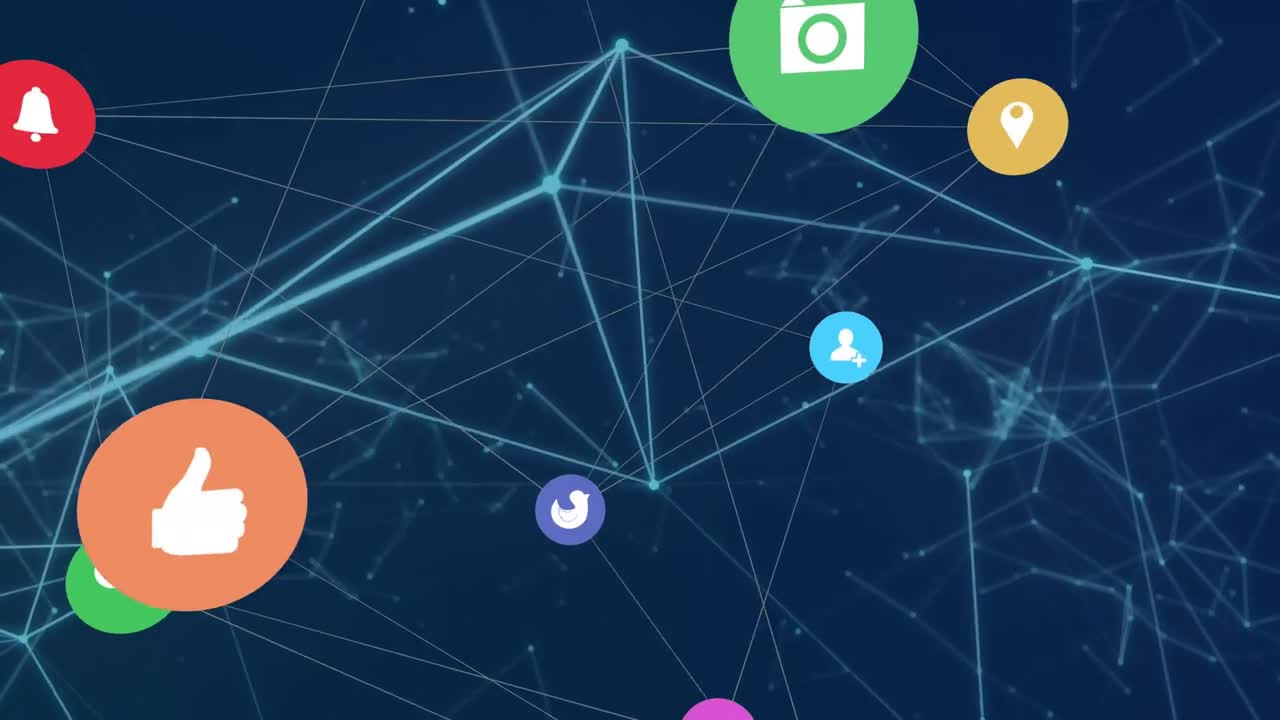 디지털 아이콘의 네트워크와 파란색 바탕에 빛나는 연결의 네트워크