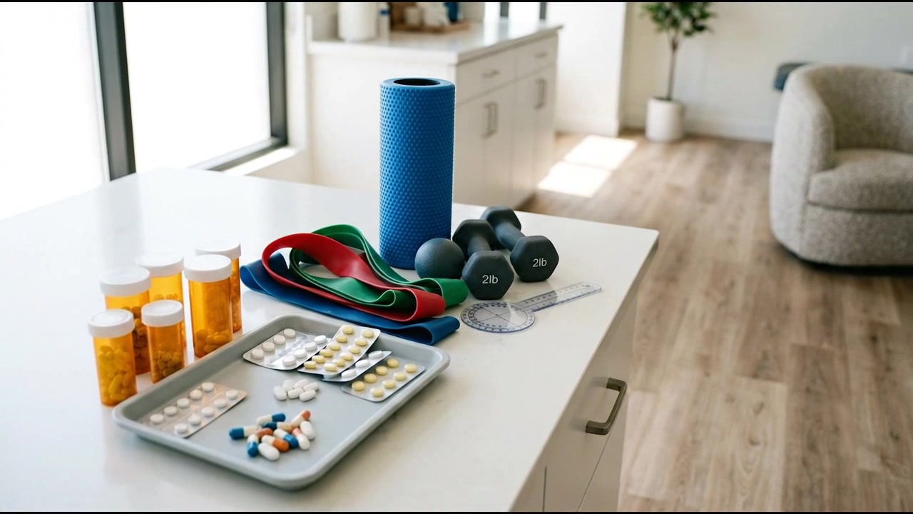 Attrezzatura fitness con foam roller blu, manubri e borraccia sul pavimento
