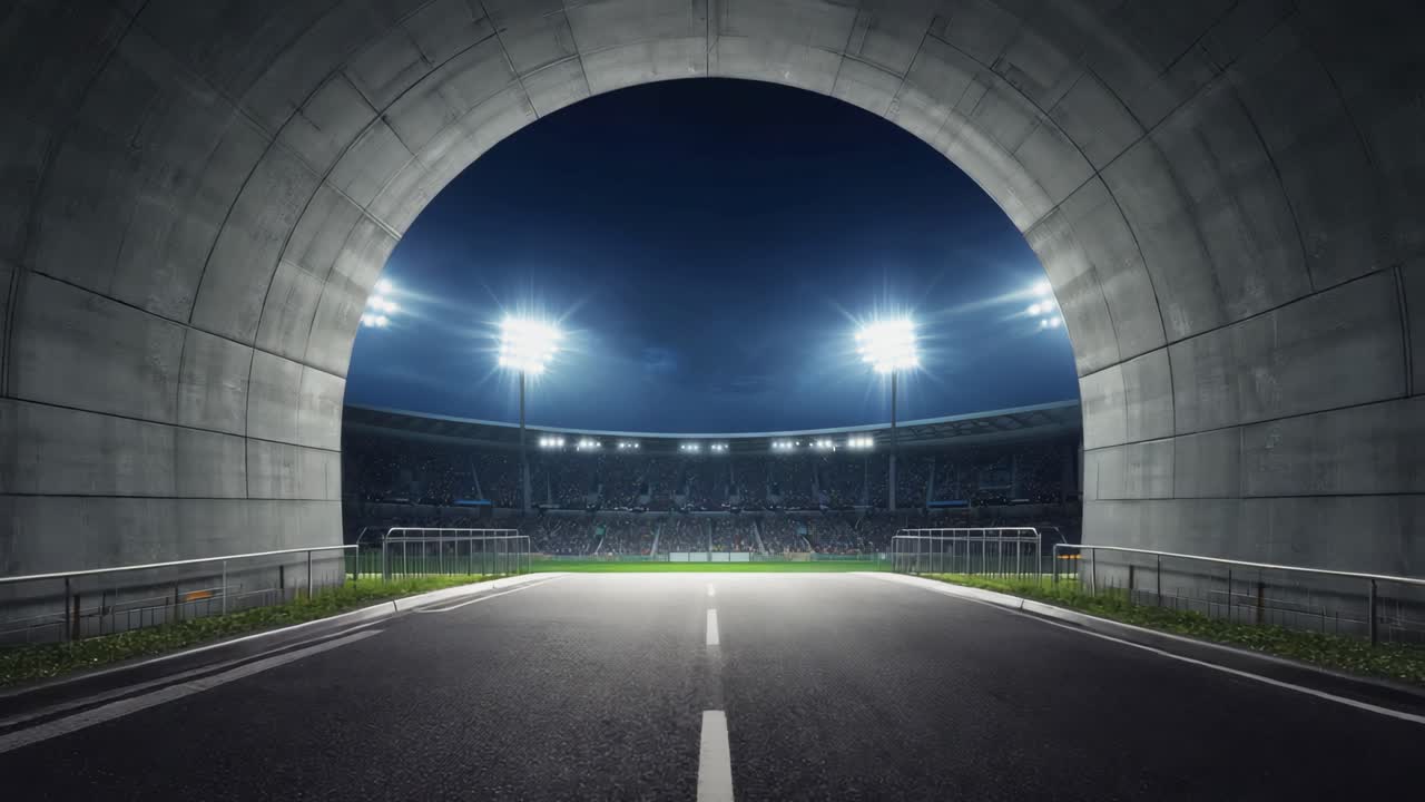 View from a tunnel leading into a lit sports stadium at night