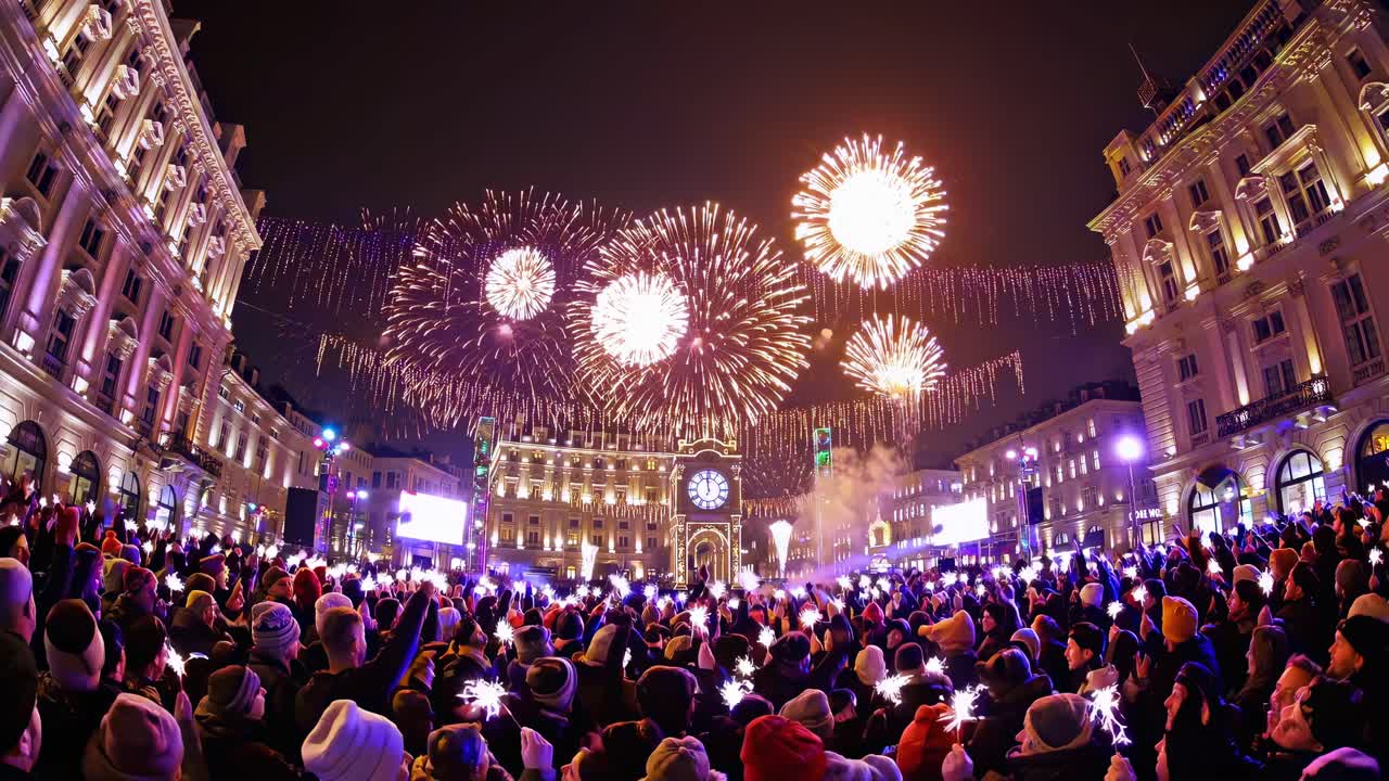Vibrant city square celebration with fireworks, captured from a wide-angle