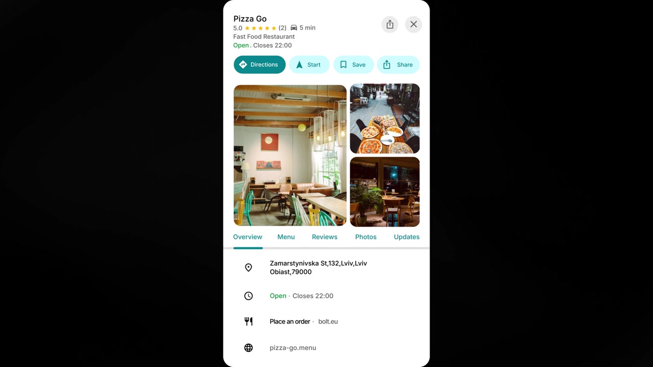 Antarmuka Aplikasi Seluler yang Menampilkan Informasi Restoran