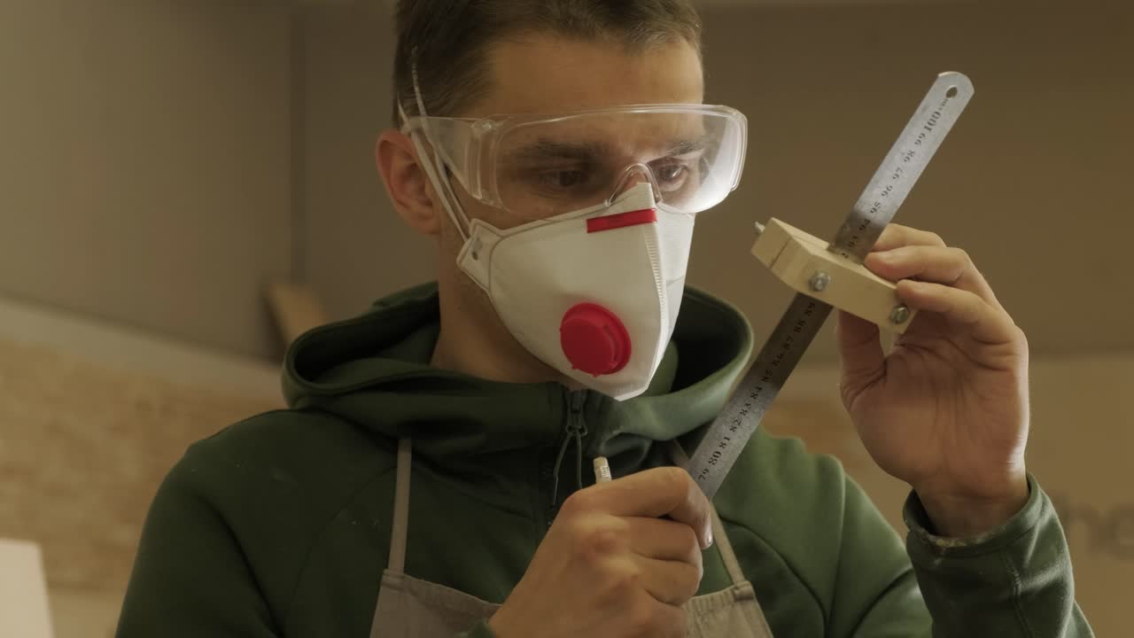 carpintero profesional trabajador con máscara y gafas sosteniendo una regla