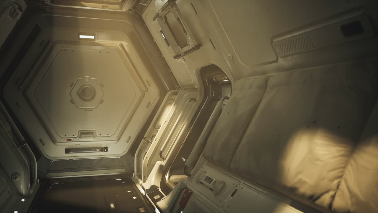 un interior futurista de una nave espacial con un pasillo blanco y paredes de metal.