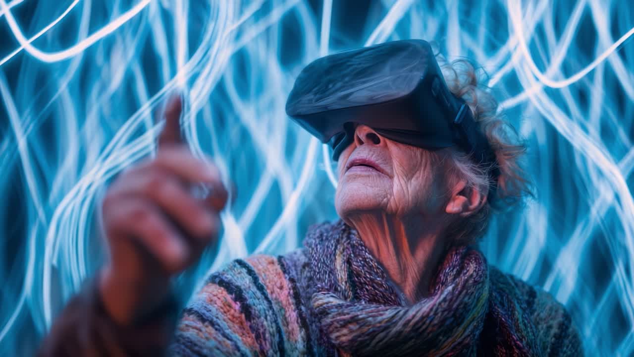 Een oudere vrouw gebruikt virtual reality-technologie en verkent een levendig digitaal landschap dat wordt verlicht door in elkaar verstrengelde blauwe lichtstralen, waarmee innovatie en de kruising tussen leeftijd en technologie worden getoond