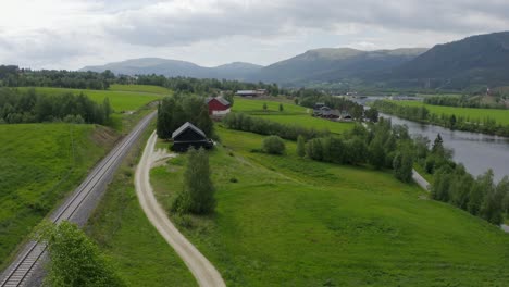 aerial view over traditional norwegian houses in tynset town in norway