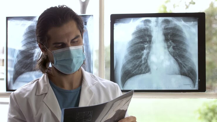 Handsome X-ray Technician carefully checking x-ray scan of thoracic area