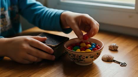 a child's hands engaged in play, balancing colorful candies and an old book, exploring imagination and memories in a cozy indoor setting