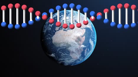 Dna-structure-spinning-against-globe-on-blue-background