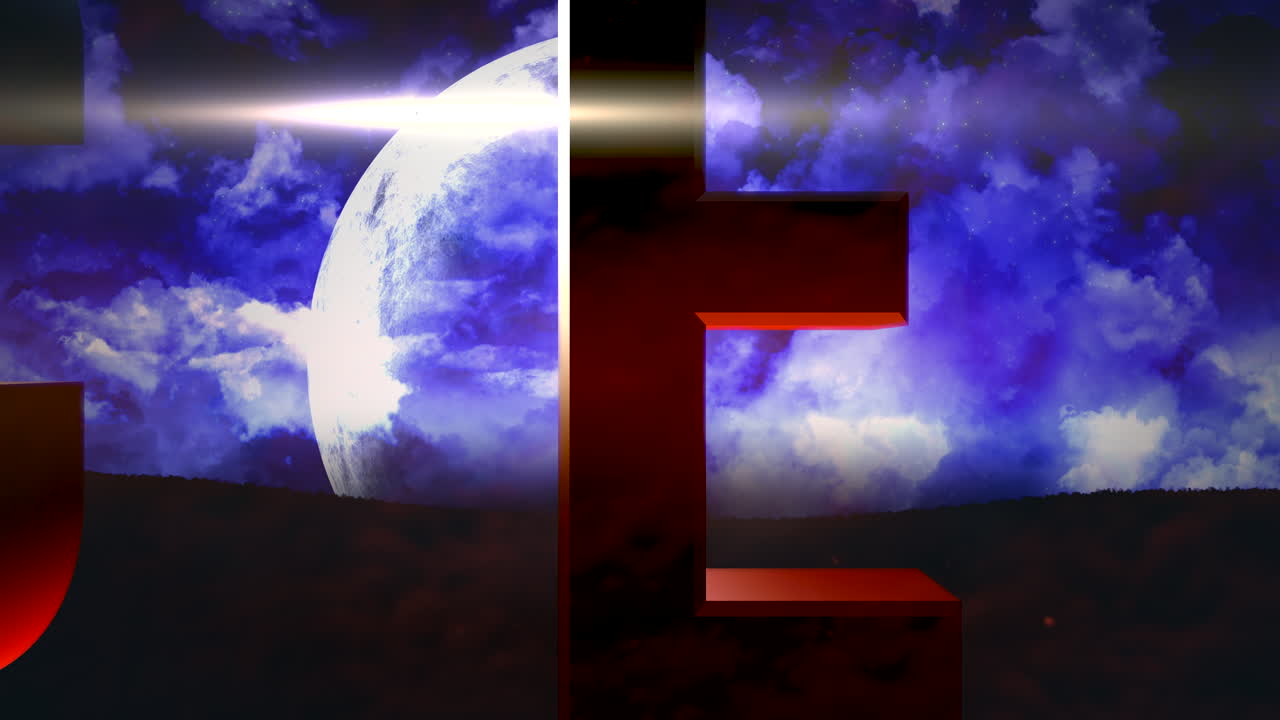 모션 플래닛과 마법의 구름이 있는 애니메이션 근접 촬영 우주의 날 텍스트