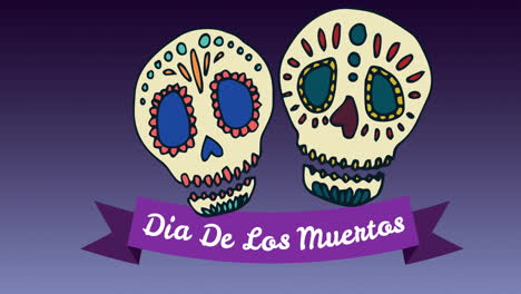 animation of dia de los muertos over decorative skulls on purple backgrounds