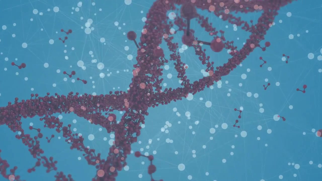 Red-sphere DNA helix rotating on teal backdrop, camera zooming, revealing inner rungs for research