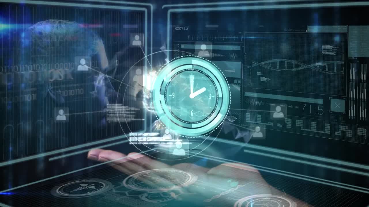 animación del reloj, el globo y la red de conexiones a través del procesamiento de datos en pantallas