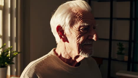 thoughtful senior man by window